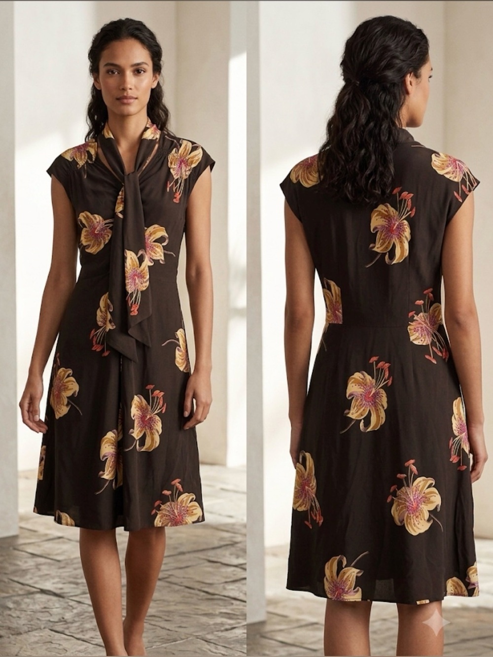 Vintage Y2K Betsey Johnson Silk Floral Tie-Neck Dress Size 6